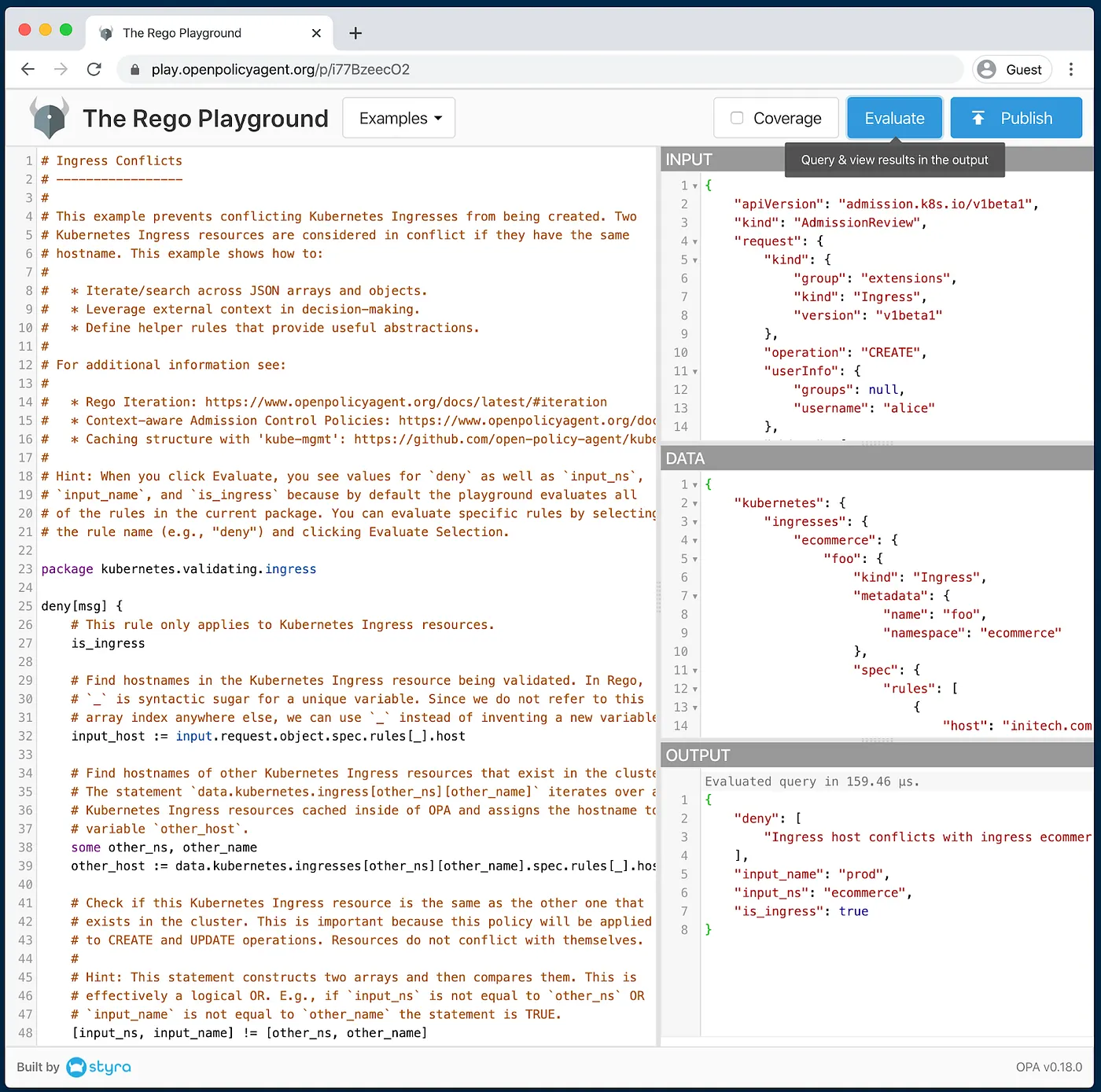 Rego Playground Data panel
