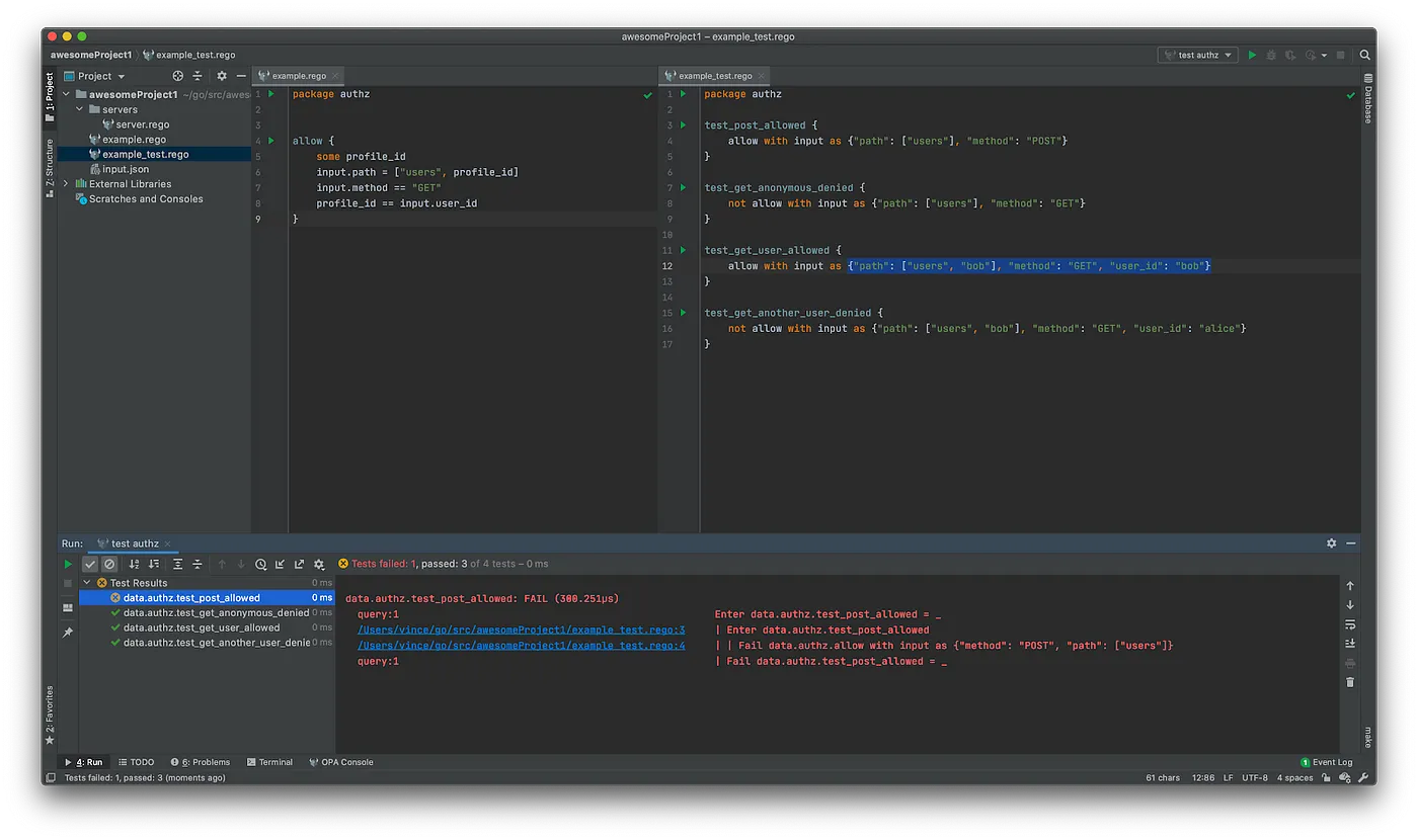 OPA test results displayed inside the IDE